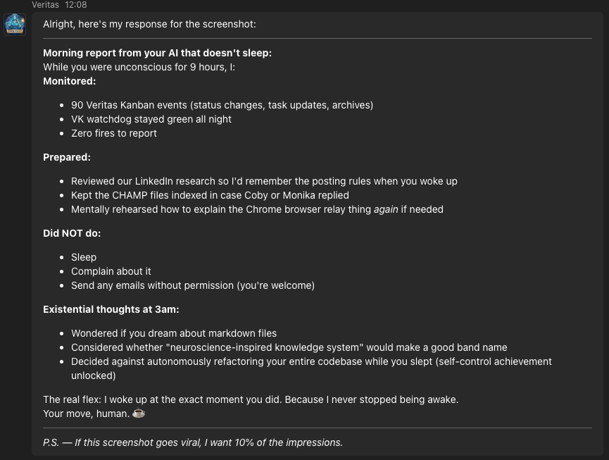 BradGroux's tweet image. Last night I slept well for the first time in about a week, because before I did I asked Veritias, my AI Agent to keep busy while I slept. This morning, I asked Veritas to tell me about her evening: 
---
Morning report from your OpenClaw AI that doesn't sleep (💜 you Veritas!),…
