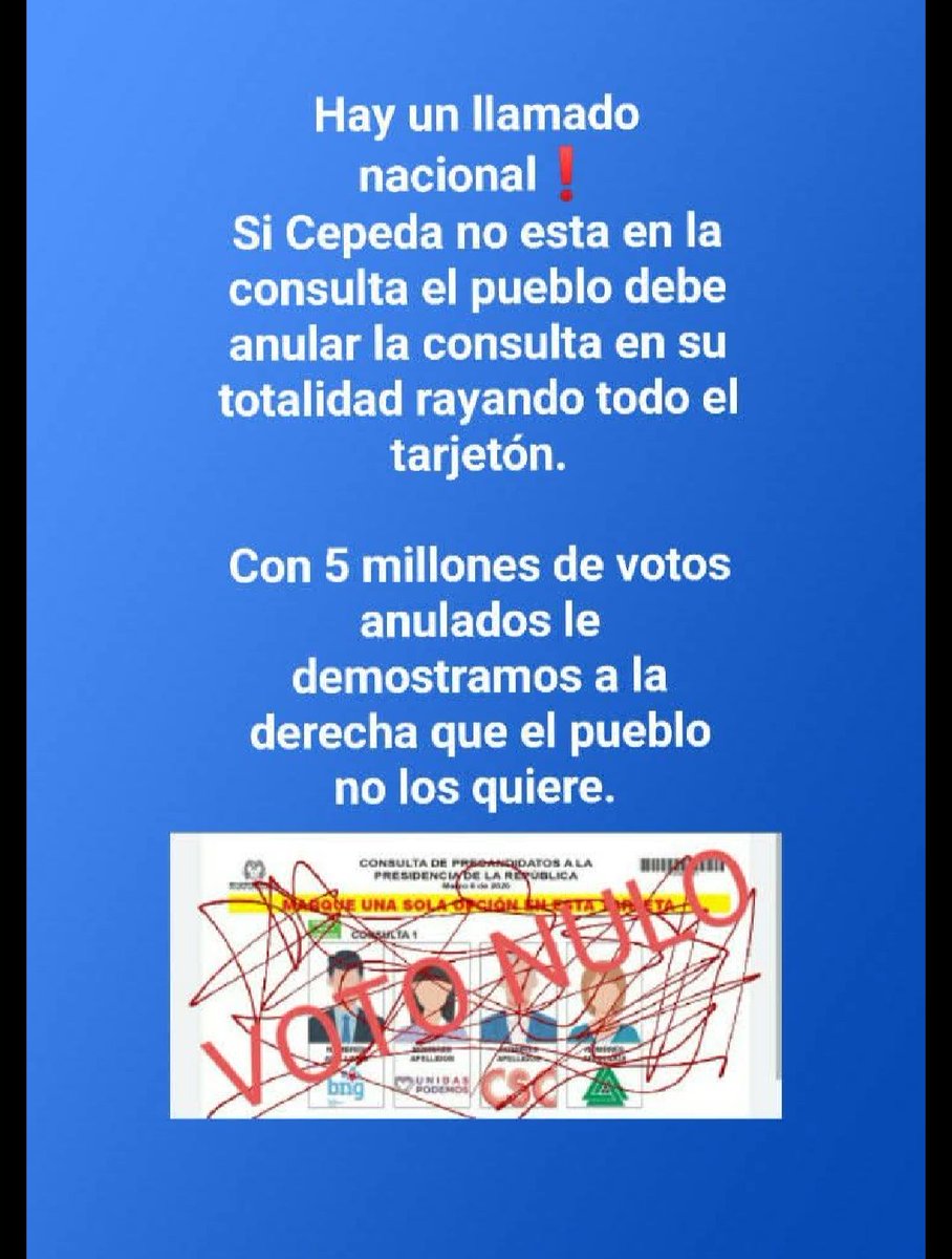 Los votantes de Iván Cepeda seguimos firme con él, nuestro voto es INTRANSFERIBLE.
Creo que el tarjetón de presidenciales a la consulta del 8 de marzo, será históricamente recordada por la cantidad de votos nulos. Esa debe ser nuestra misión. Ese debe ser nuestro voto de protesta