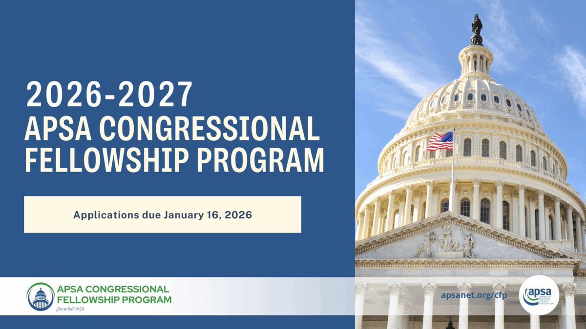APSAtweets's tweet image. Deadline Reminder! Calling all journalists and telecommunication scholars -- Apply for the 2026–2027 APSA Congressional Fellowship Program, one of the nation’s most respected and longstanding fellowship opportunities on #CapitolHill. #CFP

Apply by 2/13! buff.ly/JVC3F31