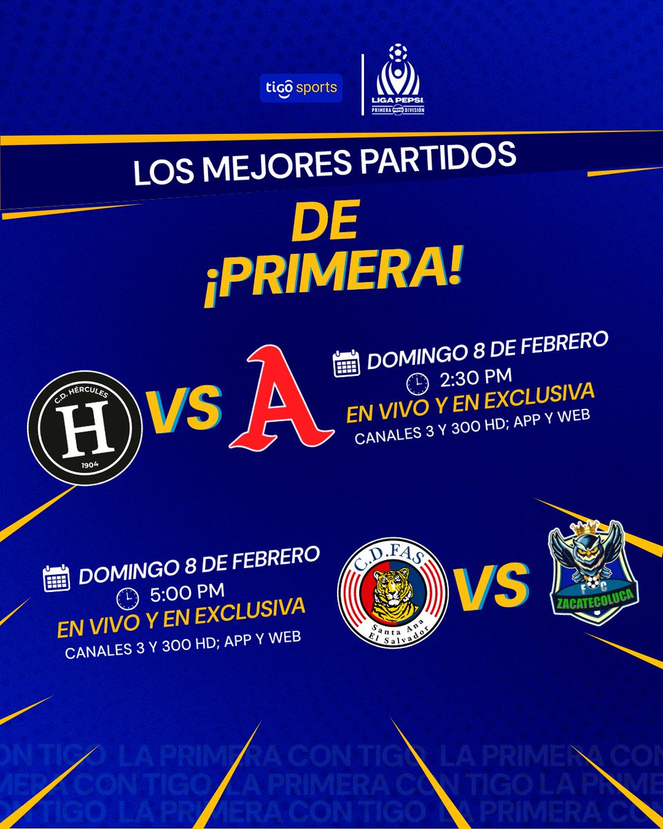 ¡𝘿𝙊𝙈𝙄𝙉𝙂𝙊 𝘿𝙀 𝙋𝙍𝙄𝙈𝙀𝙍𝘼! ⭐⚽

👀 Te presentamos nuestra cartelera de partidos para la jornada 6. ¡Toda la tarde de domingo sin despegarte de nuestra señal EN VIVO! 😎👌

📺 3, 300 HD
📲 b.tigo.com/TigoSportsSV
💻 tigosports.com.sv