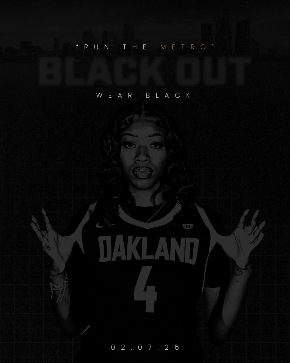 OaklandWBBall's tweet photo. Dress dark, because it’s a BLACK OUT⚫️▪️

Saturday’s game is FREE for all students, and the first 100 students get a free shirt! https://t.co/FW9xXfkTAi