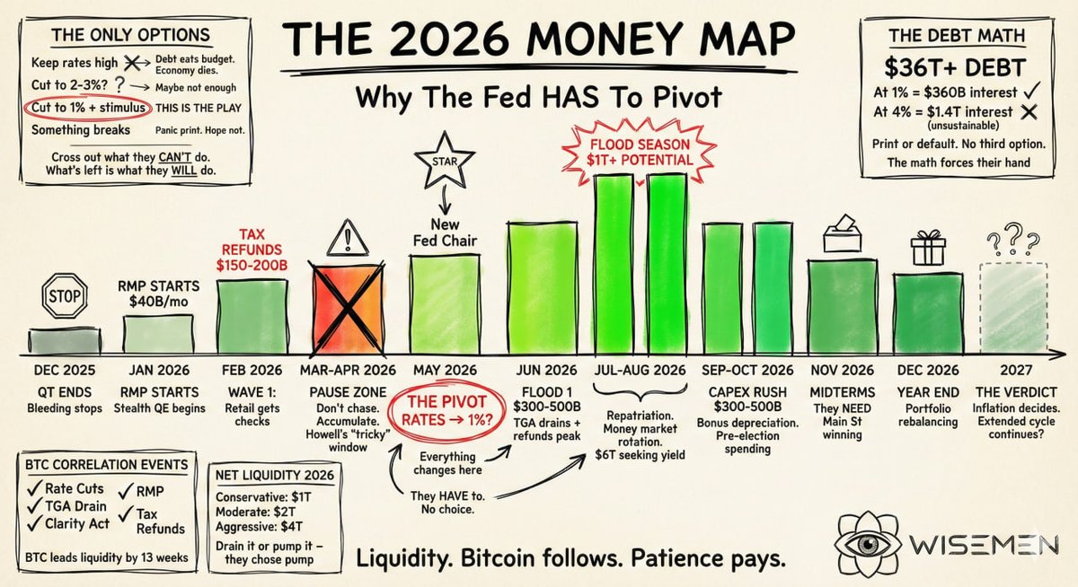 Wisemenmentors's tweet photo. Nobody's talking about the most important person in markets right now.

STOP SCROLLING AND READ HERE

Kevin Warsh takes over the Fed in May. And the math he inherits is brutal.

Right now, rates sit at 3.5-3.75%. The national debt is $38.4 trillion. The US is paying nearly $1 TRILLION a year just in interest. That's more than the entire defense budget. Interest is now the second largest line item in the federal budget behind Social Security.

Every single percentage point on rates = roughly $380 billion in annual interest payments.

At current rates? Unsustainable. At 1%? Manageable. Survivable. The only option.

Here's what no one is pricing in:
Warsh has gone ON RECORD saying AI is a "significant disinflationary force" that will boost productivity and keep inflation in check. This is a radical departure from how every Fed chair before him has thought. Normally strong growth = raise rates. Warsh is flipping that. He's saying if AI makes everything cheaper and more productive, you can cut rates aggressively WITHOUT triggering inflation.

That's the cheat code.

He's not guessing. He's building his entire monetary framework around it. And he's not alone. PIMCO expects 2-3 cuts this year. Morgan Stanley sees two cuts in H2 2026. JPMorgan says their "best guess" is Warsh makes the case for cuts immediately.

Now here's why this matters for YOU.

The next 3 months might be cloudy. Powell is still in the chair. Rates are on hold. The market is stuck. Feb tax refunds ($150-200B) give a short burst of liquidity, but it's a warmup, not the main event.

May is when the game changes.

When Warsh sits down and starts cutting toward 1%:

Money gets cheap. Mortgages drop. People start buying homes again. Businesses borrow and expand. Car loans get affordable. Credit card pressure eases. Consumer spending ramps. Small businesses hire. IPOs come back. Capital starts flowing into risk assets. $6 TRILLION sitting in money markets right now starts looking for yield.

That's not speculation. That's what ALWAYS happens when rates drop to levels where borrowing is cheap. Every single parabolic bull market in history was fueled by one thing cheap money flowing into the system.

2020? Rates to 0. Markets went vertical. 
2009? Rates to 0. Decade long bull run.
Late 90s? Easy money. Nasdaq exploded.

The pattern is always the same. Liquidity leads. Markets follow.

The 2026 Money Map shows you exactly when each wave hits. February is the appetizer. May is the pivot. June through August is the flood, $1T+ in potential liquidity between TGA drains, refund peaks, corporate repatriation, and money market rotation.

And the man walking into the building in May believes AI solves the inflation problem, cheap money fuels the growth, and the old playbook is dead.

Kevin Warsh is the most bullish catalyst nobody is accounting for.👁️

Study the map. Position accordingly. Patience pays.
