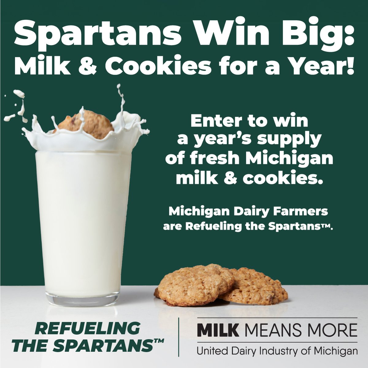 Spartan fans, how does milk &amp; cookies for a year sound? 

Enter to win a year's supply of fresh Michigan milk and cookies brought to you by Michigan's dairy farmers. 
🔗 sprtns.co/4jzdIaF