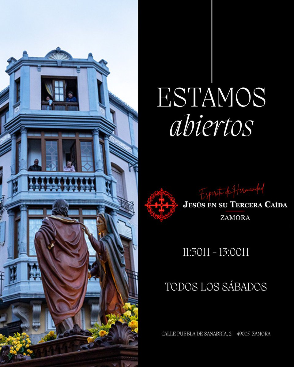 📢 Recuerda: la Casa de Hermandad está abierta todos los sábados de 11:30 a 13:00 h (C/ Puebla de Sanabria, 2).
🔹 Inscripciones
 🔹Consultas
 🔹Artículos de la Hermandad
¡Te esperamos!
#JesúsEnSuTerceraCaída #Zamora #Hermandad