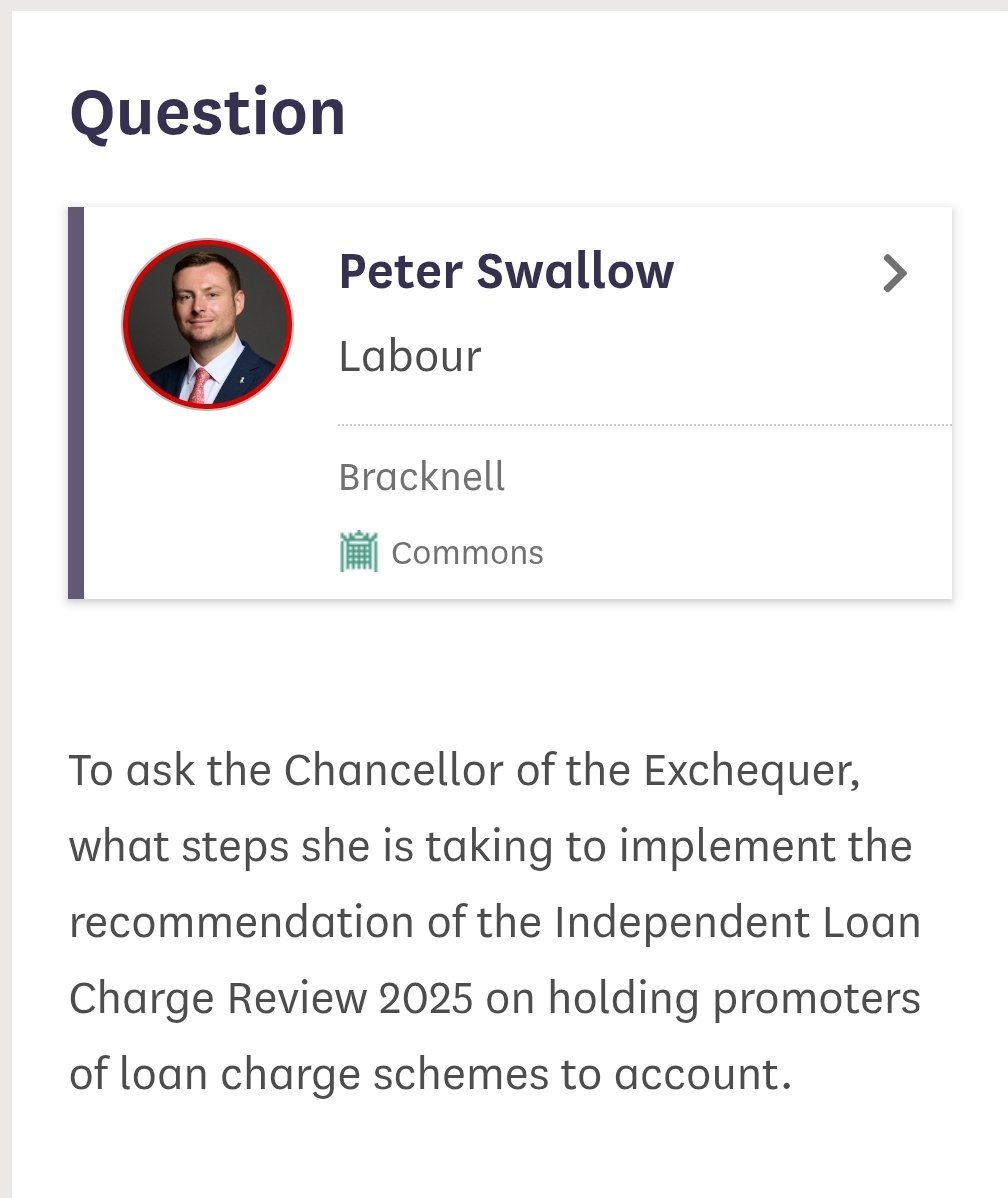 Thank you to MP Peter Swallow (<a href="/PDJSwallow/">Peter Swallow MP</a>) for Written Question on how #LoanChargeScandal promoters are being held to account.

questions-statements.parliament.uk/written-questi…