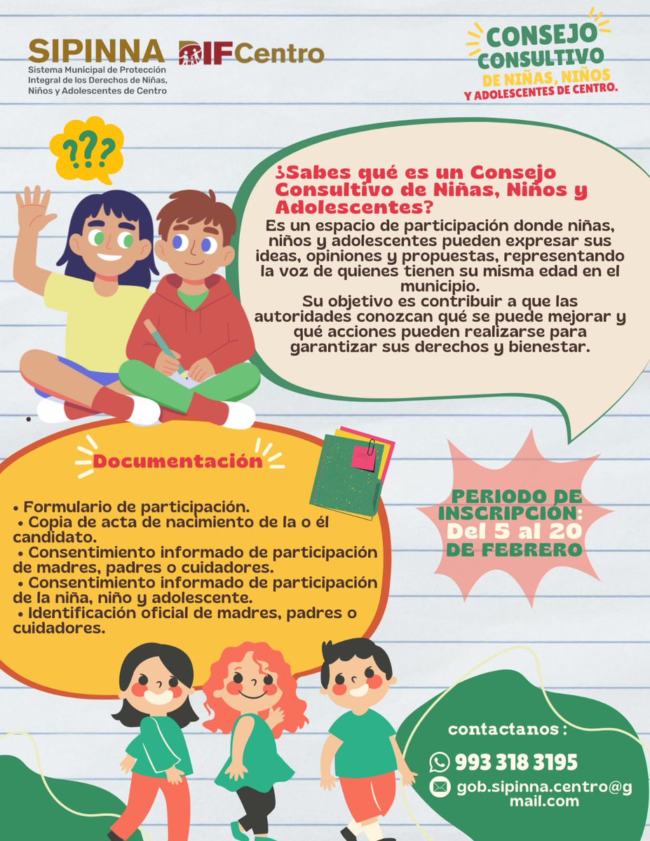 ¿Te gustaría decir lo que piensas y ayudar a mejorar tu municipio? 🎤¡Esta es tu oportunidad! Participa en el Consejo Consultivo de Niñas, Niños y Adolescentes de Centro. 😊📝👧👦 Consulta aquí las bases. #SIPINNACentro