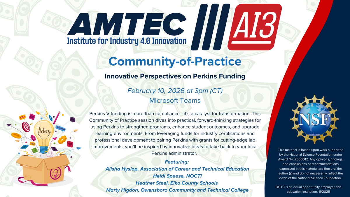 Save the Date: upcoming Community of Practice opportunities are part of the AMTEC Institute for Industry 4.0 Innovation (NSF ATE DUE 2350012)!
Tomorrow - Innovative Perspectives on Perkins lnkd.in/gVxXUut7
Feb. 27 - Explore Additive Manufacturing! lnkd.in/gDF2iJAh