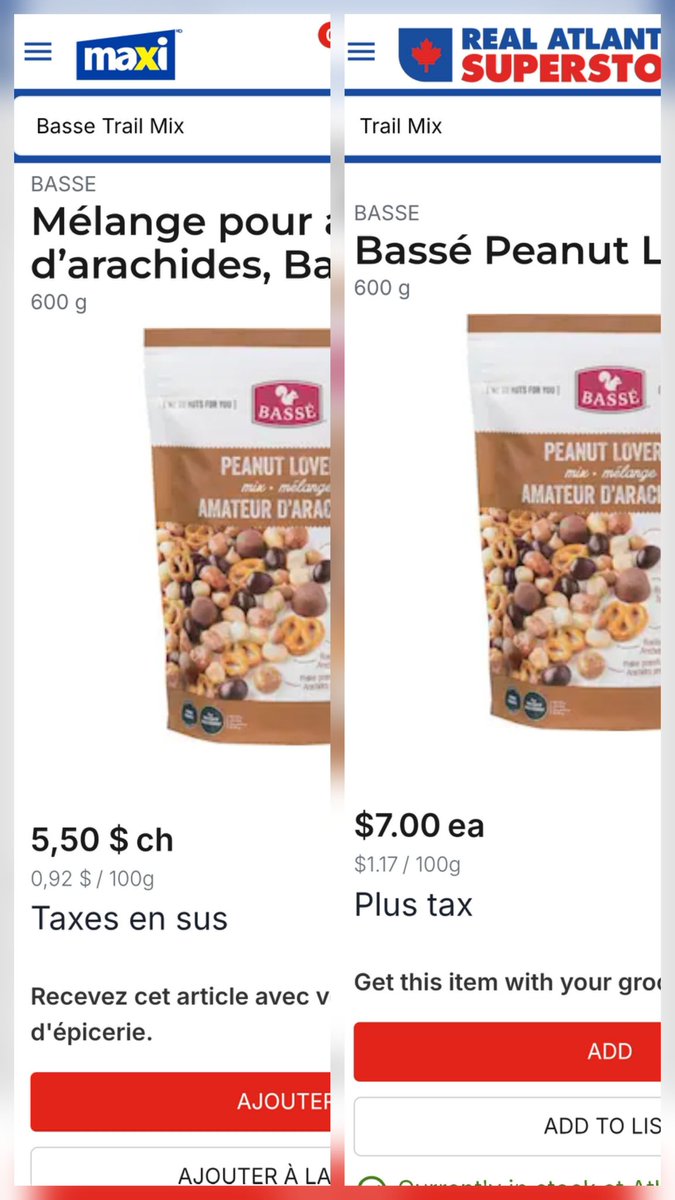 Max81390229's tweet photo. @LoblawsON Quebec price on the left. New Brunswick price on the right. 
Transportation cost isn't that high. Thieves. https://t.co/kavW5pvFP0