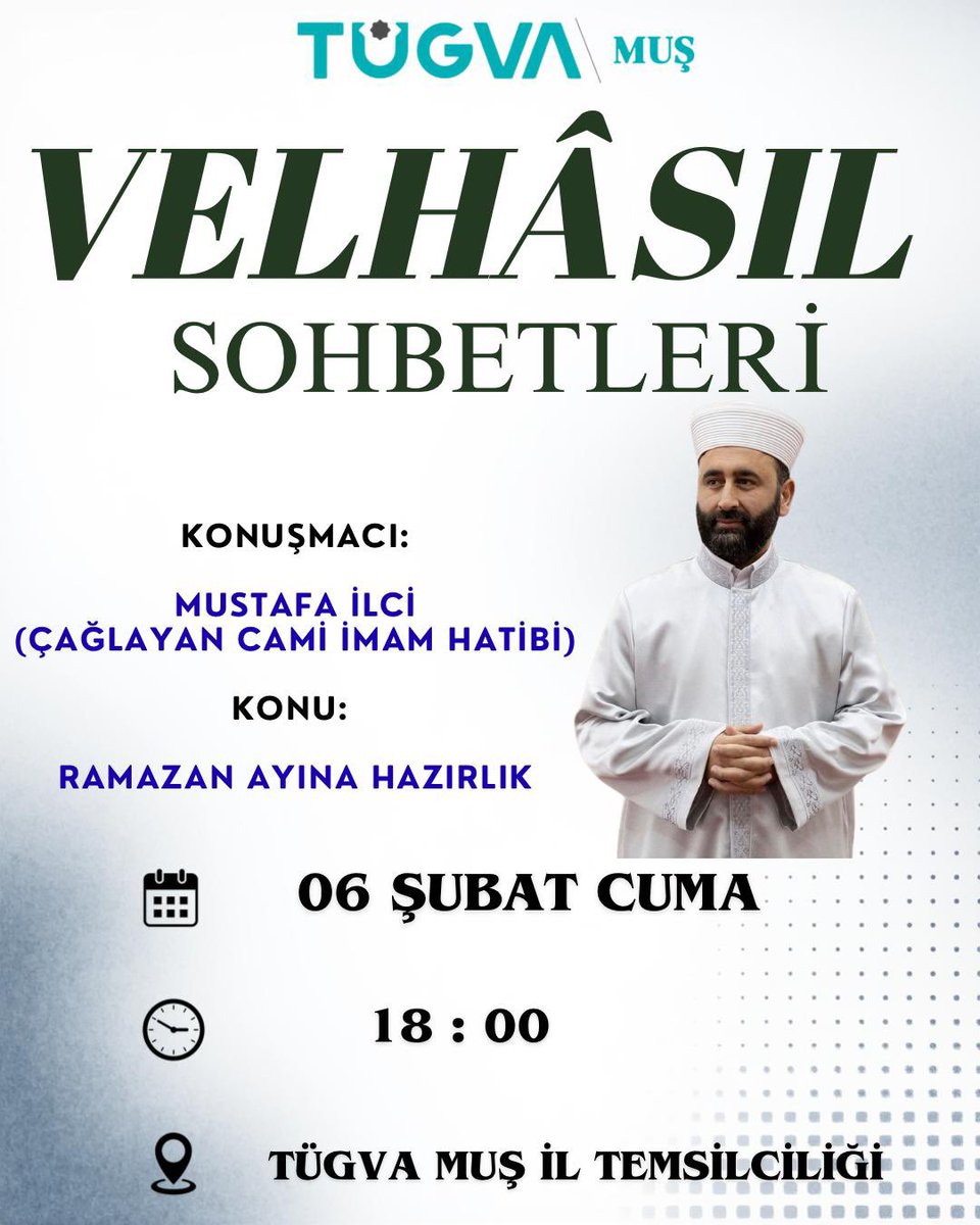 Tügva Muş olarak bu haftaki Velhasıl Sohbetimizde Mustafa İlci hocamızla Ramazan ayına hazırlık konusunu konuşacağız. Sohbetimize davetlisiniz. 
(Erkeklere Özeldir)

#velhasıl #tügvaeğitim
