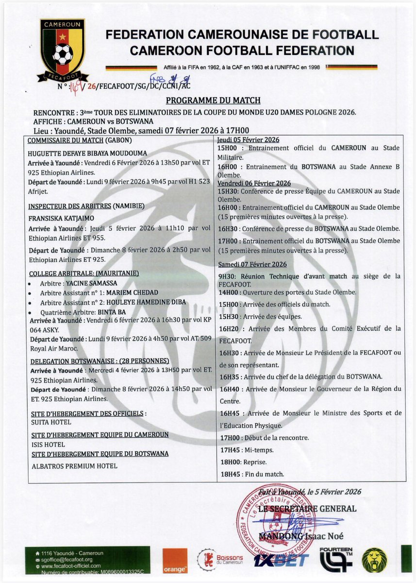 LionnesIndompt1's tweet photo. ⚽️🔥 PROGRAMME OFFICIEL DU MATCH
#CAMEROUN 🇨🇲 🆚 🇧🇼 #BOTWANA
📅 7 février 2026
⏰ 17H00
🏟️ Stade Olembé
📍 Yaoundé
#U20FIFAWWC2026Q| #CMRBOT | #GOLIONESS| #ALLEZLESLIONNES |#LETSROARTOGETHER | #INDOMPTABLES https://t.co/X0rL8bE4JK