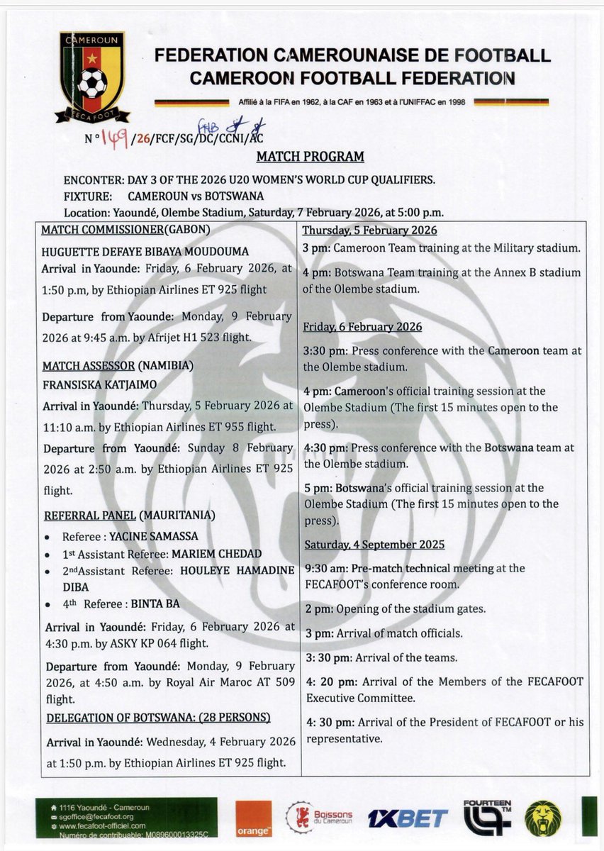 LionnesIndompt1's tweet photo. ⚽️🔥 PROGRAMME OFFICIEL DU MATCH
#CAMEROUN 🇨🇲 🆚 🇧🇼 #BOTWANA
📅 7 février 2026
⏰ 17H00
🏟️ Stade Olembé
📍 Yaoundé
#U20FIFAWWC2026Q| #CMRBOT | #GOLIONESS| #ALLEZLESLIONNES |#LETSROARTOGETHER | #INDOMPTABLES https://t.co/X0rL8bE4JK