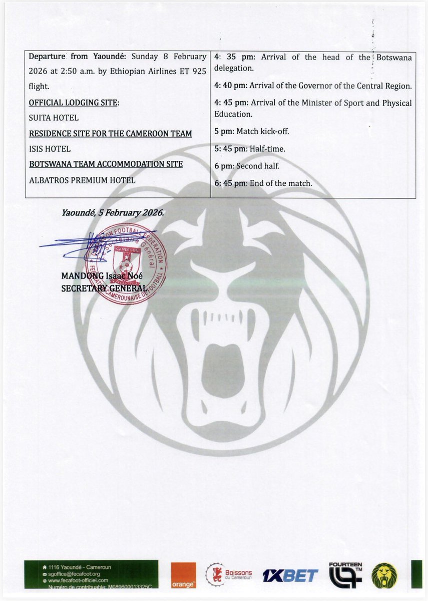 LionnesIndompt1's tweet photo. ⚽️🔥 PROGRAMME OFFICIEL DU MATCH
#CAMEROUN 🇨🇲 🆚 🇧🇼 #BOTWANA
📅 7 février 2026
⏰ 17H00
🏟️ Stade Olembé
📍 Yaoundé
#U20FIFAWWC2026Q| #CMRBOT | #GOLIONESS| #ALLEZLESLIONNES |#LETSROARTOGETHER | #INDOMPTABLES https://t.co/X0rL8bE4JK