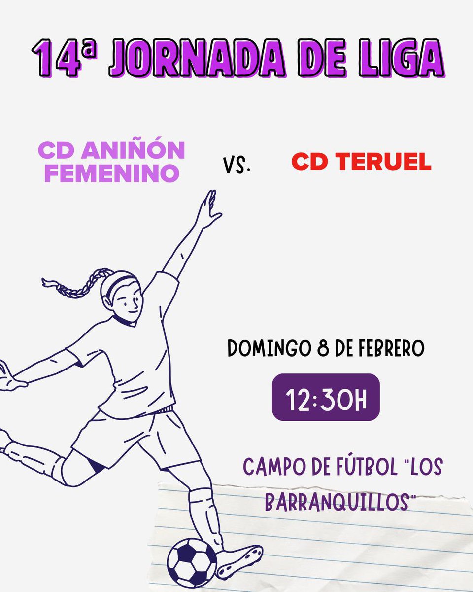 🚨💜 Aniñón vs CD Teruel, último partido de liga 

Nuestras chicas terminan la liga (no la temporada, ya que disputaremos la Copa Primavera) recibiendo a un histórico del fútbol aragonés en Los Barranquillos como el CD Teruel.

¡Os esperamos! 💜🤍💜