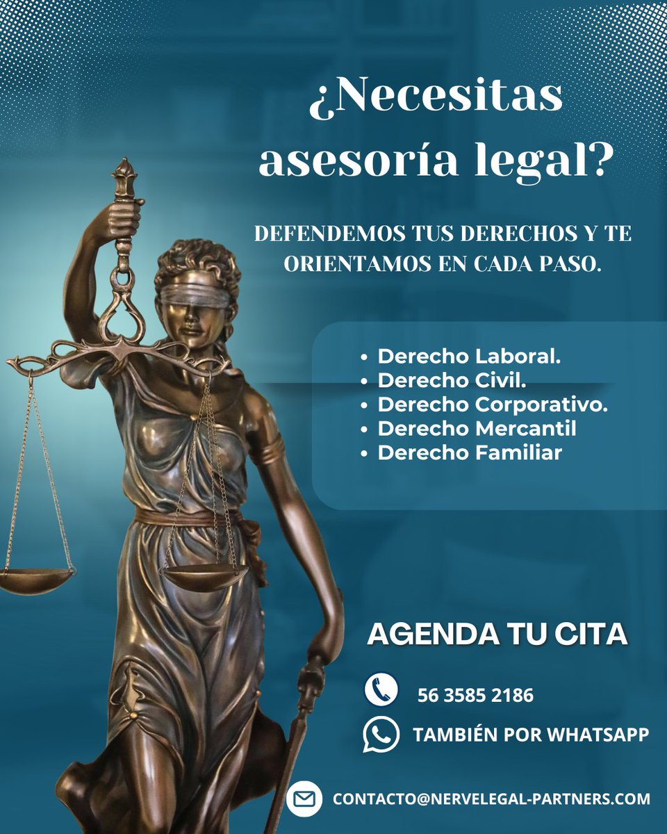 NERVELEGAL's tweet photo. ⚖️ ¿Necesitas asesoría legal?
En Nervelegal Partners defendemos tus derechos con atención profesional y personalizada.
Laboral | Civil | Corporativo | Mercantil | Familiar
📞 56 3585 2186 
🌐 https://t.co/bSy4BdTC4D
#Abogados #AsesoriaLegal #Mexico https://t.co/iVg7clraH8