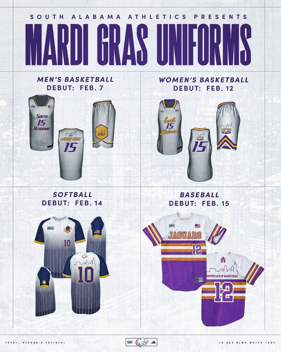SouthAlabama's tweet image. It's Mardi Gras in Mobile 🎉

Come celebrate with the Jags and stay tuned for more info on Mardi Gras-themed giveaways at each event, and how you might be able to take home one of these game-worn specialty jerseys 👀

#LSF | #OurCity