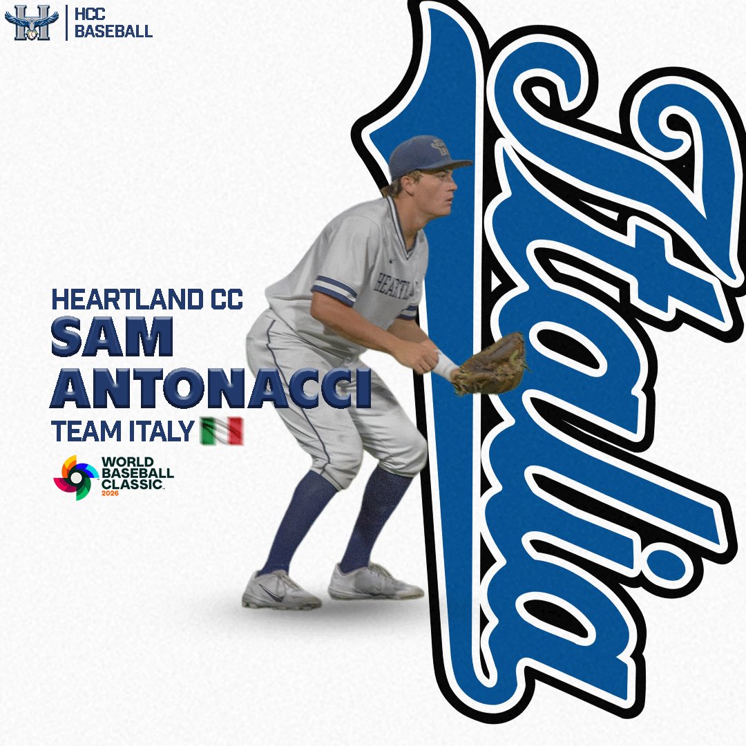 HCCAthleticDept's tweet image. Quick Shoutout to Heartland Baseball Alum, Sam Antonacci, for being selected on Team Italy for the 2026 World Baseball Classic 🦅👏🏼
➡️ Tune in March 7th-17th 🗺️⚾️

@HCC_Hawks 
#WingsOut #HumHawks