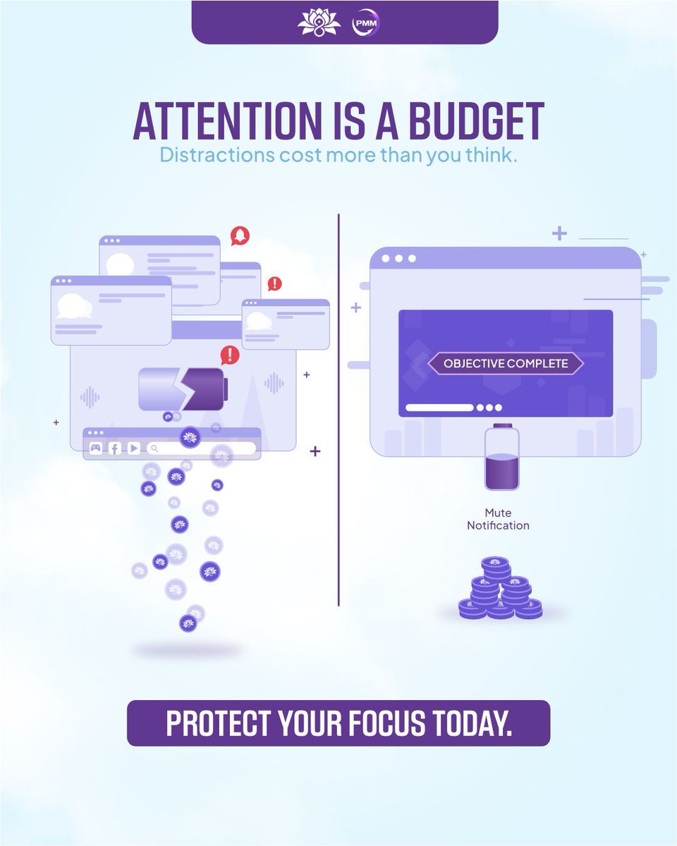 Your attention is a budget.
Every notification, tab, and distraction costs you something.
Spend it with intention. Protect what matters.

#PMM