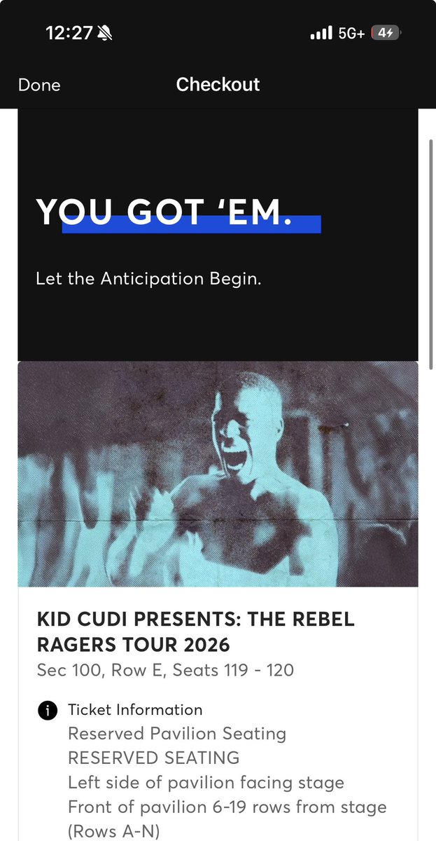 JKiss697's tweet photo. @KiDCuDi tickets secured 😎 does being branded for life (with a verified signature) warrant a free VIP upgrade? 😉🛸🌕🤟🏽 https://t.co/w7jmsT3oda