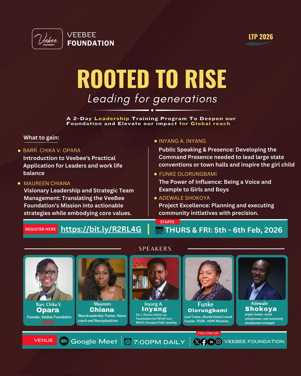 veebeefoundatio's tweet photo. 📍ROOTED TO RISE: The Future of Leadership starts Now!

A tree is only as strong as its roots. If you want to reach a global scale, you have to deepen your foundation first ✨

Join us at Veebee Foundation for a 2-day power session with seasoned professionals https://t.co/4iCOanA9Yu