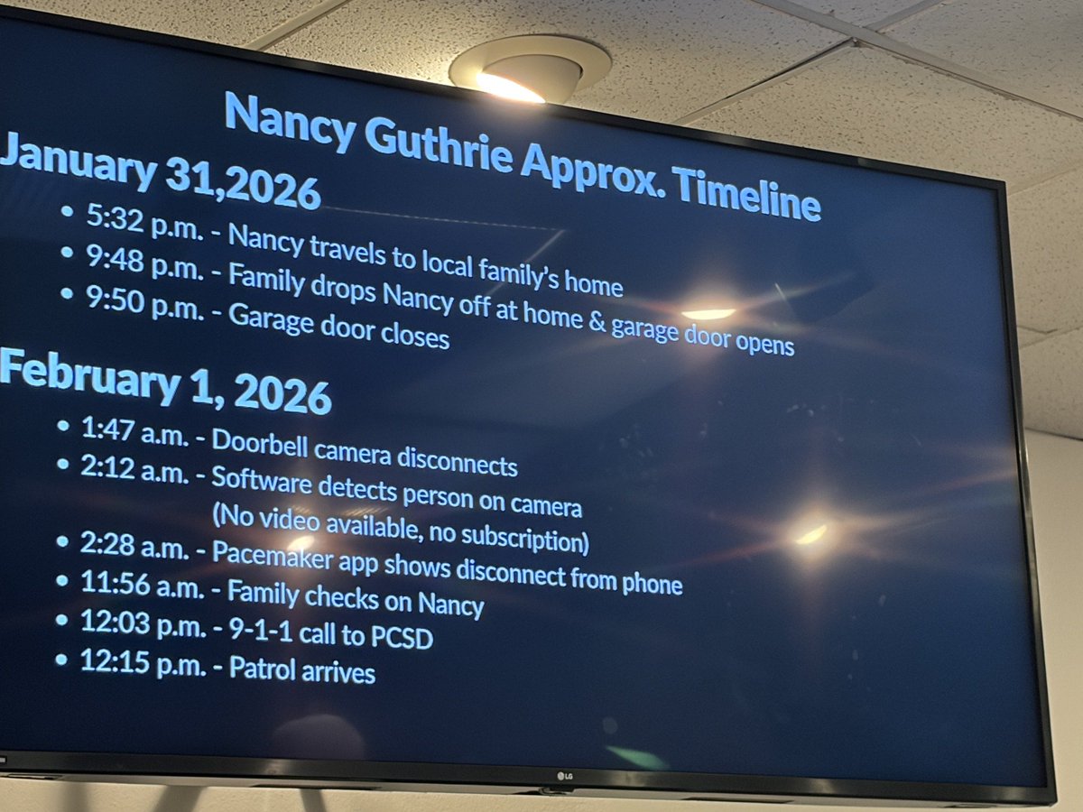If you're interested in the timeline in Nancy Guthrie's disappearance, the Sheriff Dept made a nice graphic with the info - courtesy <a href="/KOLDNews/">KOLDNews</a>