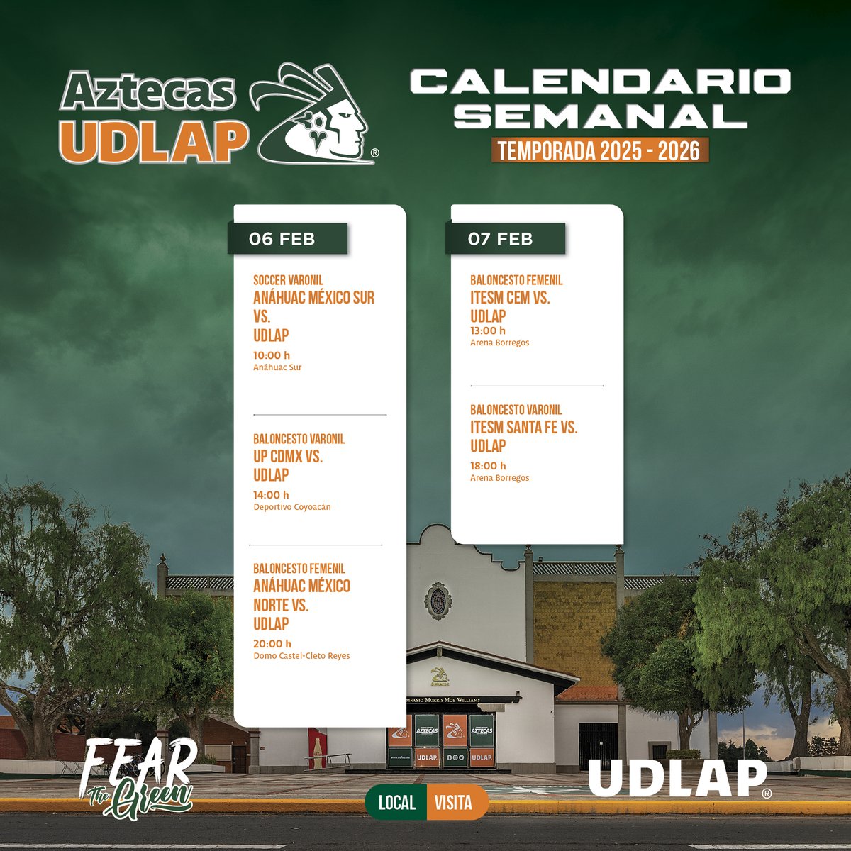 aztecasudlap's tweet photo. Arranca una nueva semana de competencia para los Aztecas UDLAP 🏀⚽
Consulta el calendario y acompaña a nuestros equipos en cada encuentro de la temporada 2025–2026.
#AztecasUDLAP #OrgulloAzteca #FearTheGreen 💚🧡 https://t.co/MKDkGpk6Rj