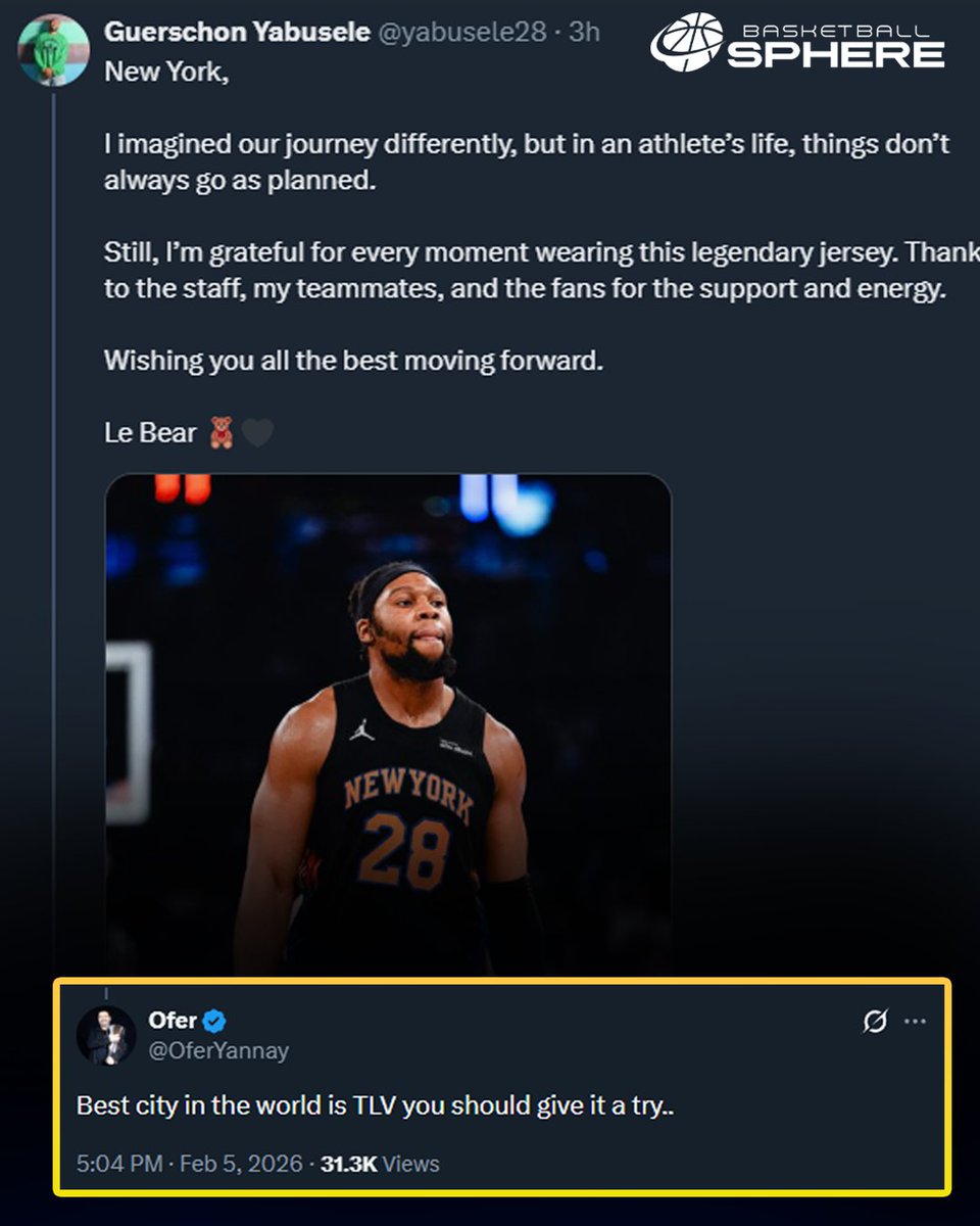 “Best city in the world is Tel Aviv you should give it a try..”

Hapoel Tel Aviv owner Ofer Yannay publicly commented on Guerschon Yabusele’s farewell post to the New York Knicks. 🧐

#EuroLeague