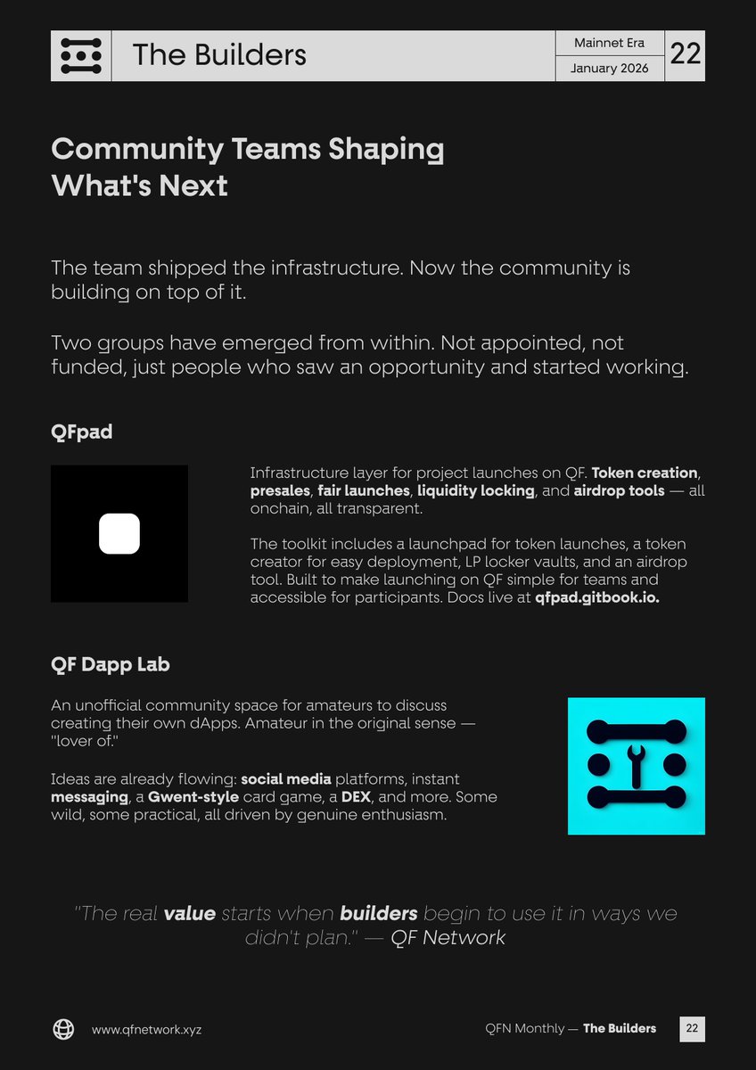 The team shipped the infrastructure. Now the community is building on top.

<a href="/QfPad_/">QF Pad</a>  — The premier launchpad &amp; tools suite

QF Dapp Lab — community space for dApp experimentation.

Not appointed. Not funded. Just building.