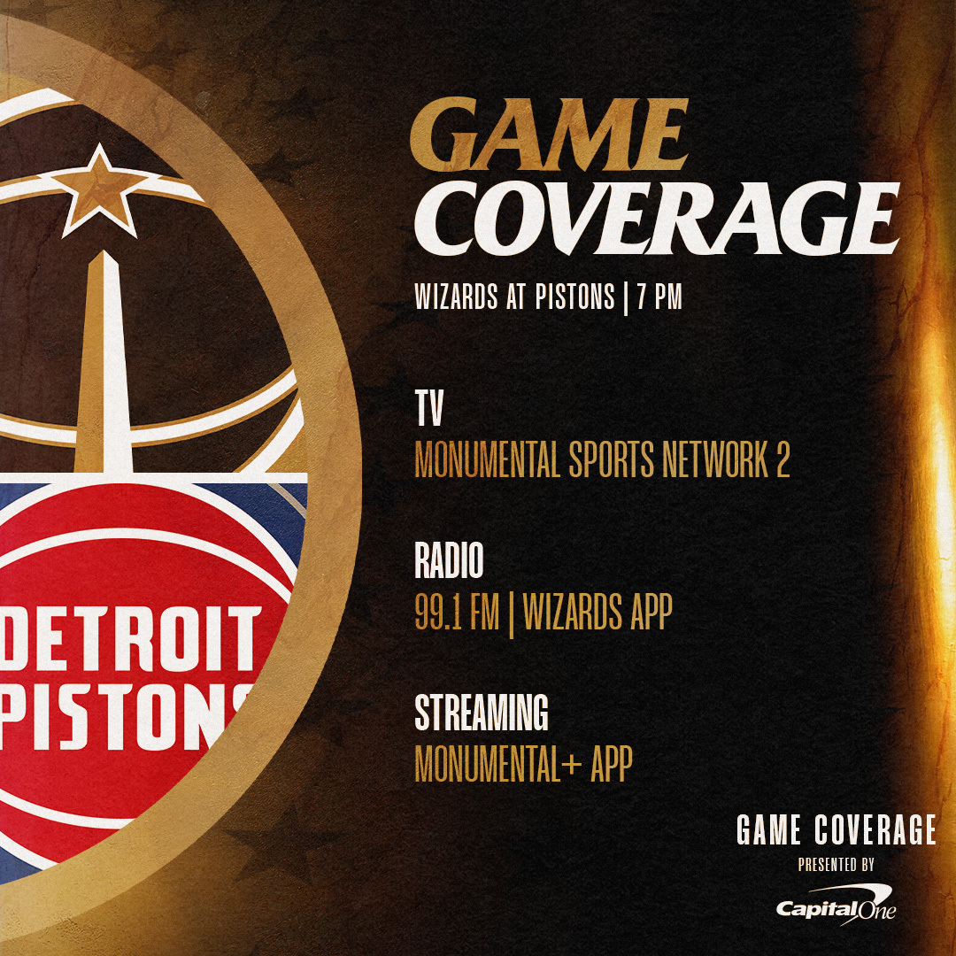WashWizards's tweet image. Hoopin' in Detroit 🏀

⏰ 7:00 p.m. ET
📺 @MonSportsNet (MNMT2)
🎙️ 99.1 FM &amp;amp; Wizards App
📲 Monumental+ App
💻 Watch live: on.nba.com/4acYVy4
🤝 Pres. by @CapitalOne