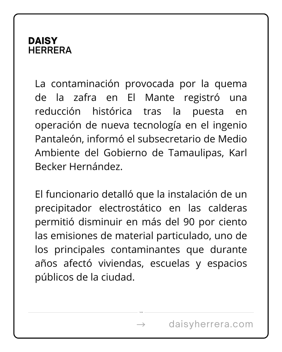 #ElPuntoEs 🔴 La instalación de un moderno precipitador electrostático en el ingenio Pantaleón, con una inversión cercana a los 80 millones de pesos, logró disminuir más del 90 por ciento del material particulado generado por la quema de la zafra en El Mante.

ℹ️Información de
