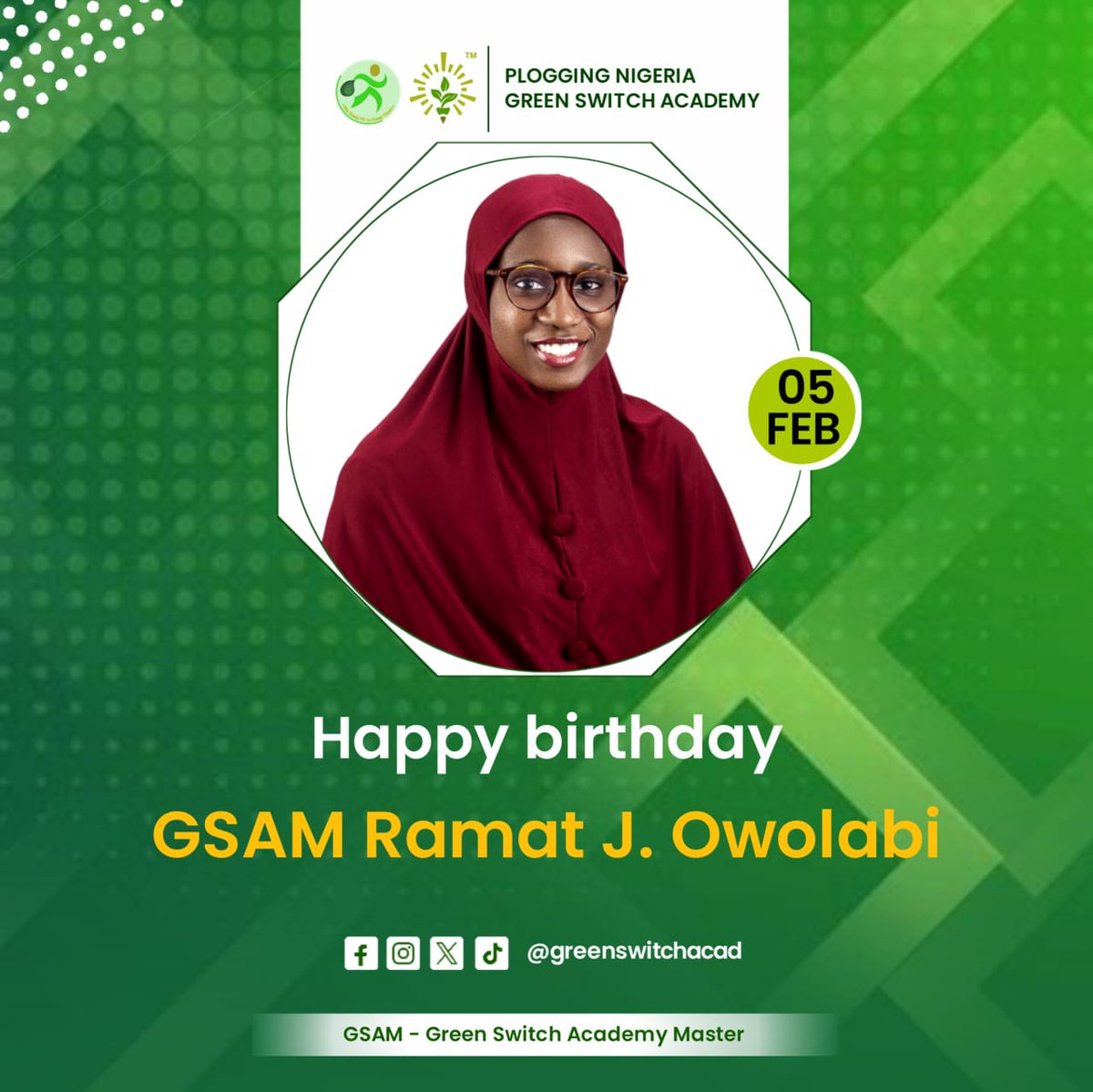 Happy Birthday to our amazing GSAM <a href="/RJadesola/">Ramat J. Owolabi</a>! 🎂

Thank you for the structure, dedication, and excellence you bring to The Green Switch Academy every single day.

Here’s to another year of impact and leadership! 🥂🍾💚