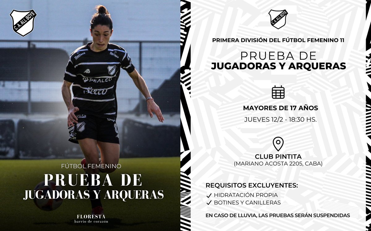 ⚽️ PRUEBAS FÚTBOL FEMENINO 11 ALL BOYS

El Club Atlético All Boys informa que se encuentran abiertas las pruebas de jugadoras y arqueras para integrar la Primera División del Fútbol Femenino 11.

📍 Club Pintita – Mariano Acosta 2205, CABA

🔹 Mayores de 17 años
🗓 Jueves 12/2
🕡