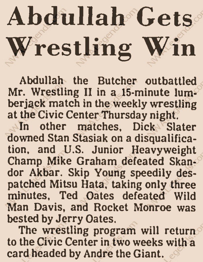 NWALegends's tweet image. February 5, 1976 - Abdullah the Butcher beat Mr. Wrestling II in a lumberjack match, and Dick Slater won by disqualification over Stan Stasiak 50 years ago tonight at the #Savannah Civic Center!

NWALegends.com