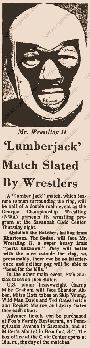 NWALegends's tweet image. February 5, 1976 - Abdullah the Butcher beat Mr. Wrestling II in a lumberjack match, and Dick Slater won by disqualification over Stan Stasiak 50 years ago tonight at the #Savannah Civic Center!

NWALegends.com