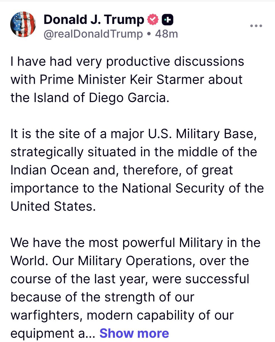 I’m reposting the clip below which outlines in detail why the Chagos deal would be a nightmare for military operations. It surrenders pretty much everything you need control over to plan, staff, communicate and execute operations. 
<a href="/realDonaldTrump/">Donald J. Trump</a> <a href="/POTUS/">President Donald J. Trump</a> should listen to his own