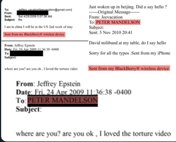 Email Epstein a Mandelson: 'Ho amato il video di tortura'