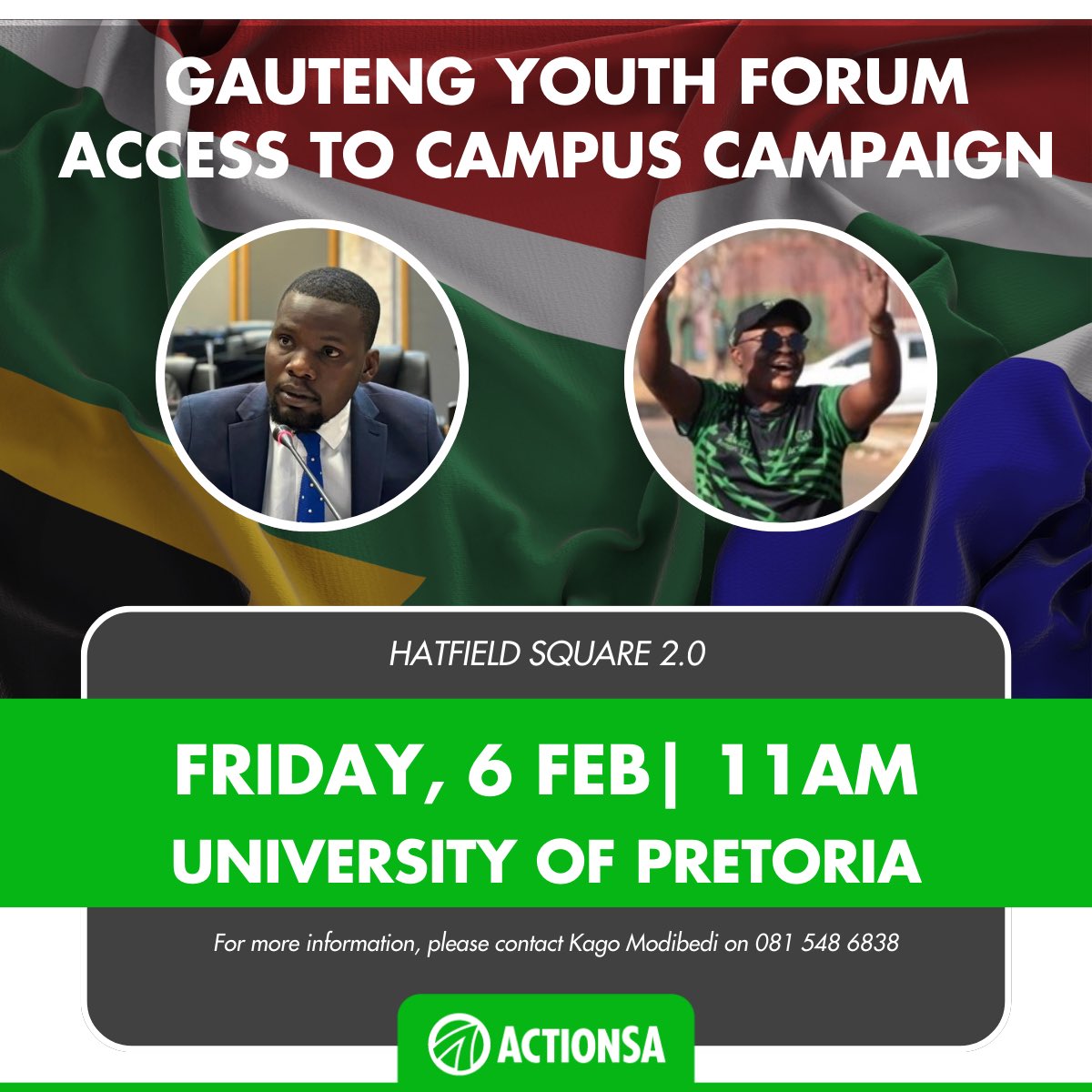TshwaneActionsa's tweet photo. Access to Campus! 🏃🏾‍♂️‍➡️🇿🇦
ActionSA Gauteng Youth Forum is the only viable option to improve our youth's quality of life through education. 🟢 Join us at UP tomorrow! We’re turning love for our students. 🇿🇦
🗓 6 Feb | 11:00
📍 University of Pretoria
#ActionSA #FixSA #ActAsOne https://t.co/RRrBL1sgka