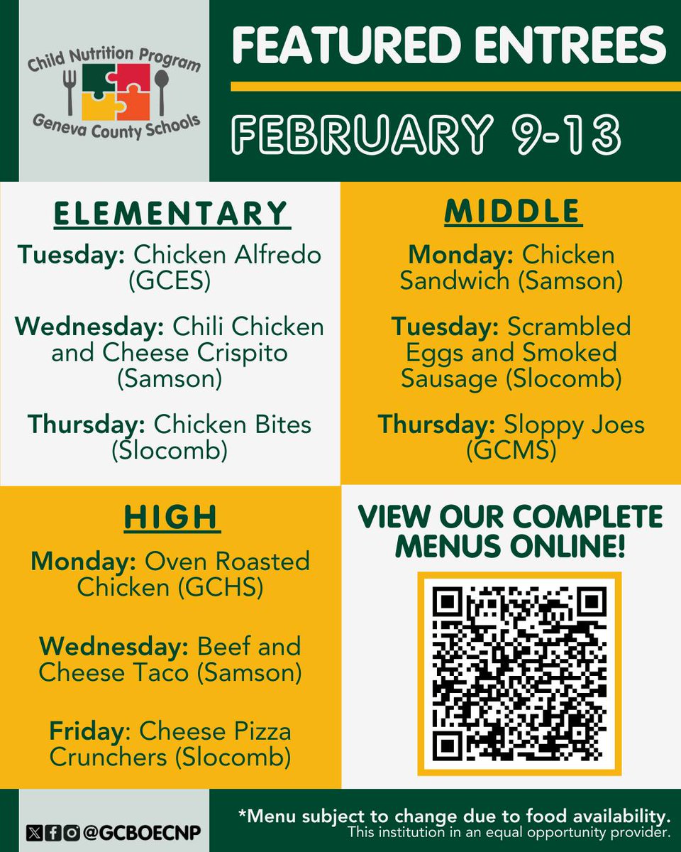 Behind every #SchoolMeal at <a href="/genevacoschools/">Geneva Co Schools</a> is a team of culinary wizards who make it all possible! 🧙‍♂️🪄

Please see our complete menu on our website: linqconnect.com/public/menu/4G… 

*Menus are subject to change due to food availability. Thank you for your patience and understanding!