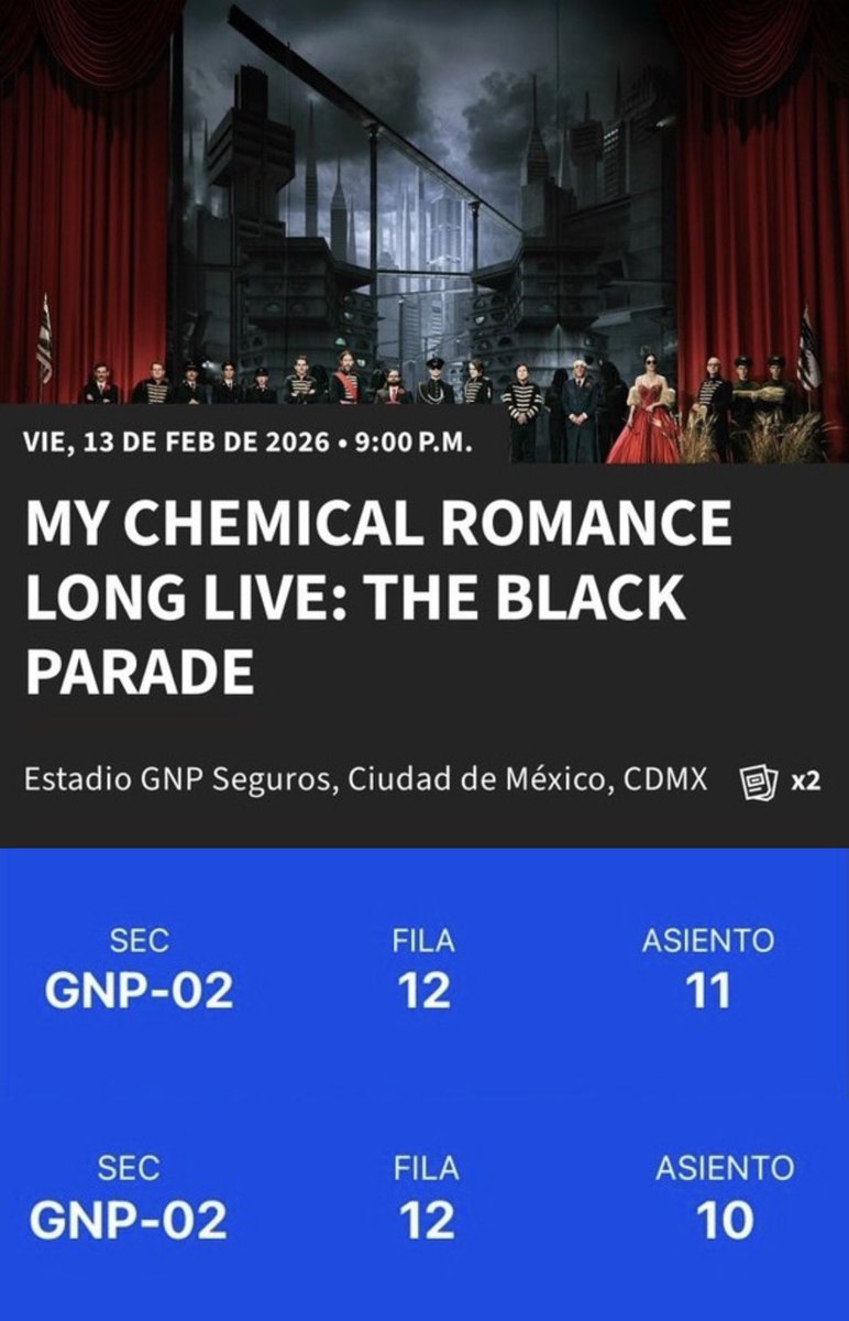 _ChuchoRuiz's tweet photo. @mx_tickets 
Hola por motivos laborales no podré acudir!!
Vendo dos boletos para #MCR #MyChemicalRomance 
SECCIÓN: GNP
FILA: 12
ASIENTOS: 10 y 11
PRECIO: TM $3890.00 C/U
Transferencia por TM o si de casualidad eres de Cancún entrega personal (: https://t.co/wTJMBdTpSE