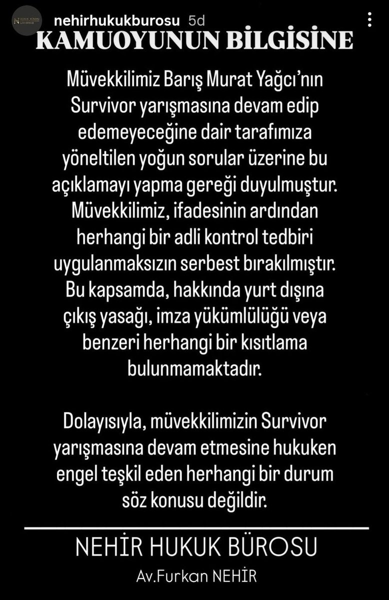 Barış Murat Yağcı’nın avukatı konuyla ilgili açıklama yaptı. Herhangi bir yurt dışı yasağının bulunmadığı ve durumun temiz olduğu belirtildi. Barış Murat Yağcı’yı önümüzdeki hafta yeniden Survivor’da görebiliriz #Survivor2026