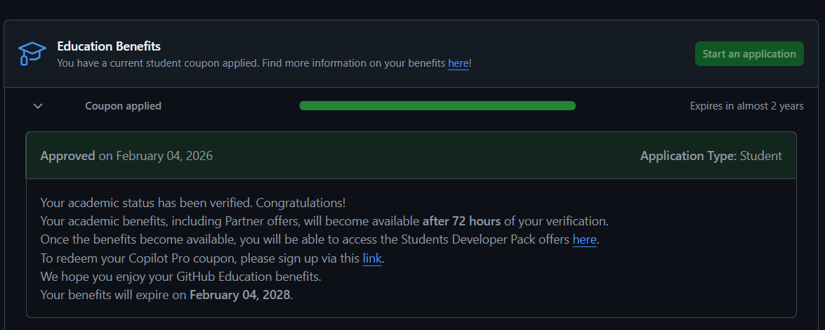 Mais 2 anos de Github Copilot Pro de graça, que maravilha

Se vc é student e ainda não pegou isso aqui, vc ta perdendo tempo