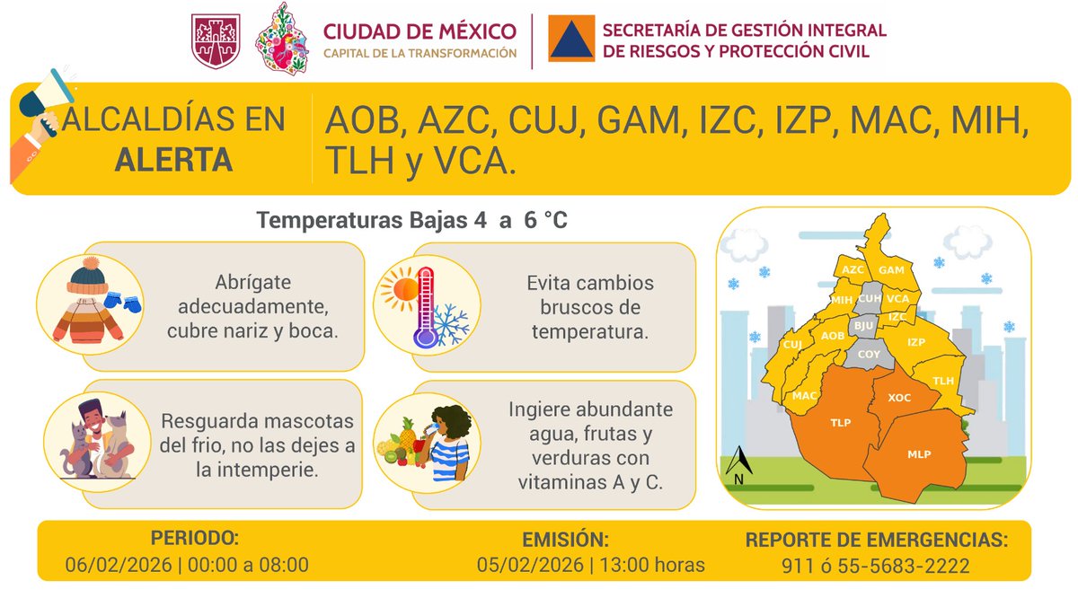 SGIRPC_CDMX's tweet photo. ⚠️ Se activa #AlertaAmarilla por pronóstico de temperaturas bajas para la madrugada y mañana del viernes 06/02/2026, en las demarcaciones: @AlcaldiaAO, @AzcapotzalcoMx, @cuajimalpa_gob, @TuAlcaldiaGAM, @IztacalcoAl, @Alc_Iztapalapa, @ALaMagdalenaC, @AlcaldiaMHmx, @TlahuacRenace y @A_VCarranza.

Mantente informado.

#PronósticoDelTiempo #LaPrevenciónEsNuestraFuerza