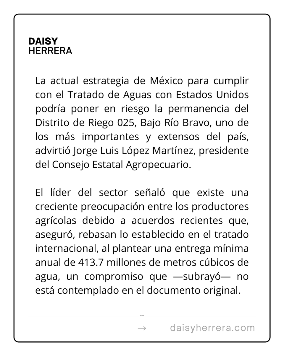 #ElPuntoEs 🔴 Productores agrícolas alertan que la forma en que México está cumpliendo el Tratado de Aguas con Estados Unidos podría provocar la pérdida del Distrito de Riego 025 en Tamaulipas y afectar más de 100 mil hectáreas.

ℹ️Información de Alan Morales.

#Tamaulipas