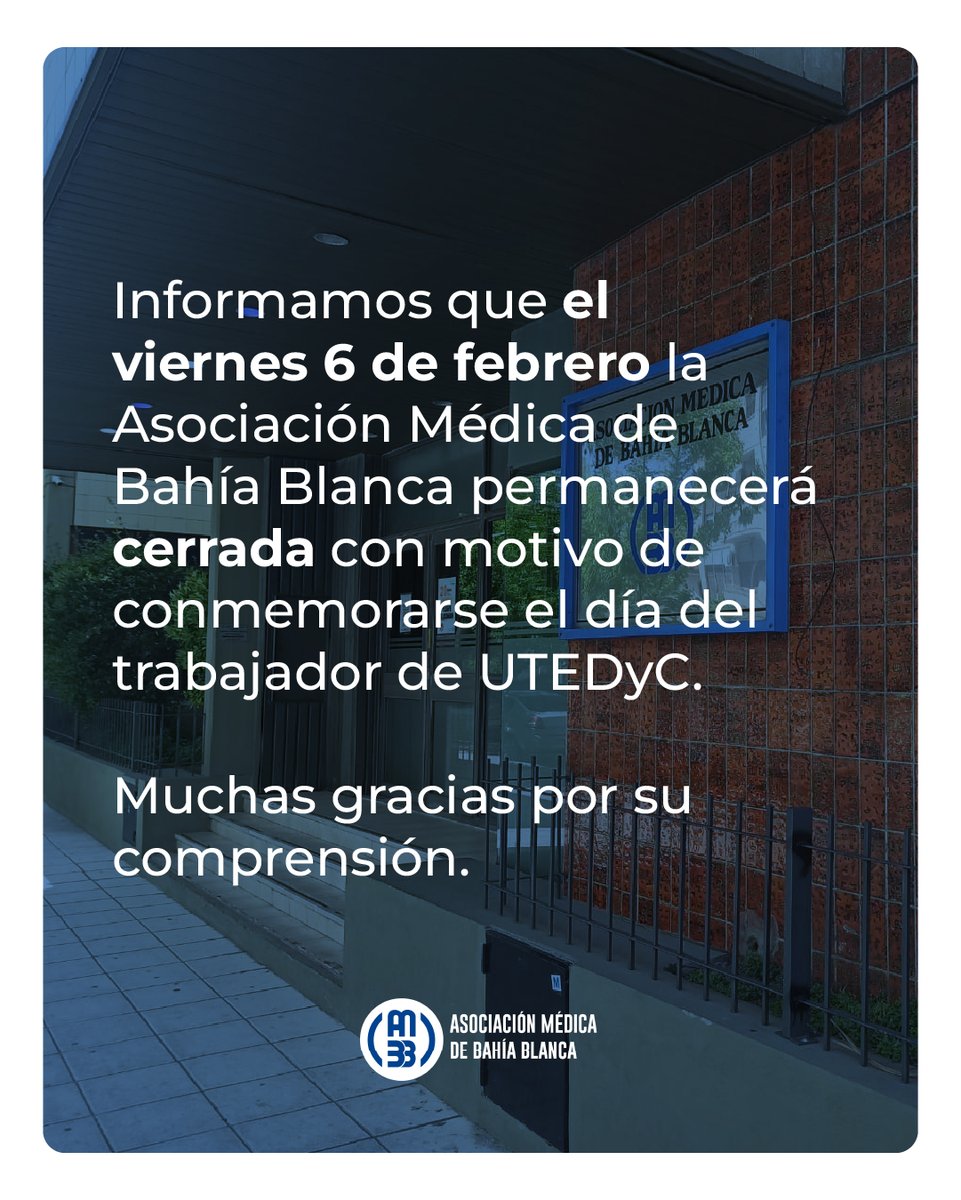 Este viernes 6 de febrero la sede administrativa de Castelli 213 permanecerá cerrada por el día del trabajador de UTEDyC.

Gracias por su comprensión.

#AMBB #bahiablanca
