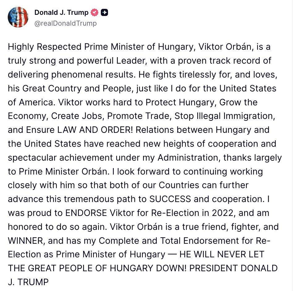 Hungary has friends. Brussels has dependents.
Thank you, 🇺🇲 President <a href="/realDonaldTrump/">Donald J. Trump</a>!