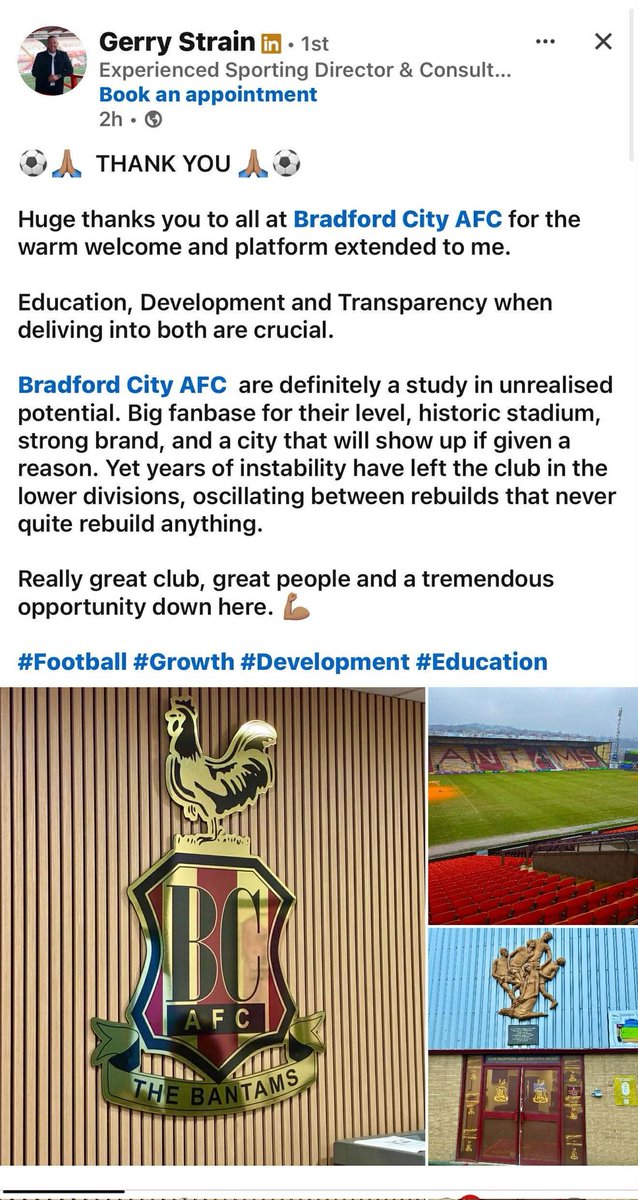 <a href="/officialbantams/">Bradford City AFC</a> <a href="/PethBassSols/">Petherbridge Bassra</a> Hello Bradford fans 👋  I'm sure some of you are aware that Scottish club Hamilton Accies were on the brink of death up until a few weeks ago, one of the men responsible Gerry Strain (a man who was deemed not fit and proper by the SFA) has posted this on linkedin