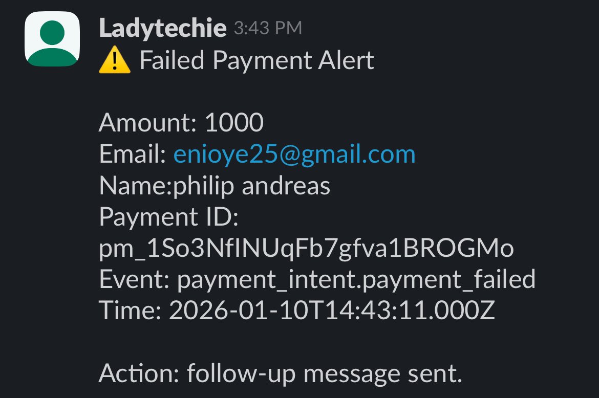 Preshlexy1's tweet photo. Most payment failures don’t cause problems immediately.

The real damage happens when they fail silently and no one is alerted.

This is a short demo of a workflow that listens for failed payment events and, once a failure is detected, alerts both the internal team and the client https://t.co/AvN2QRXlBY