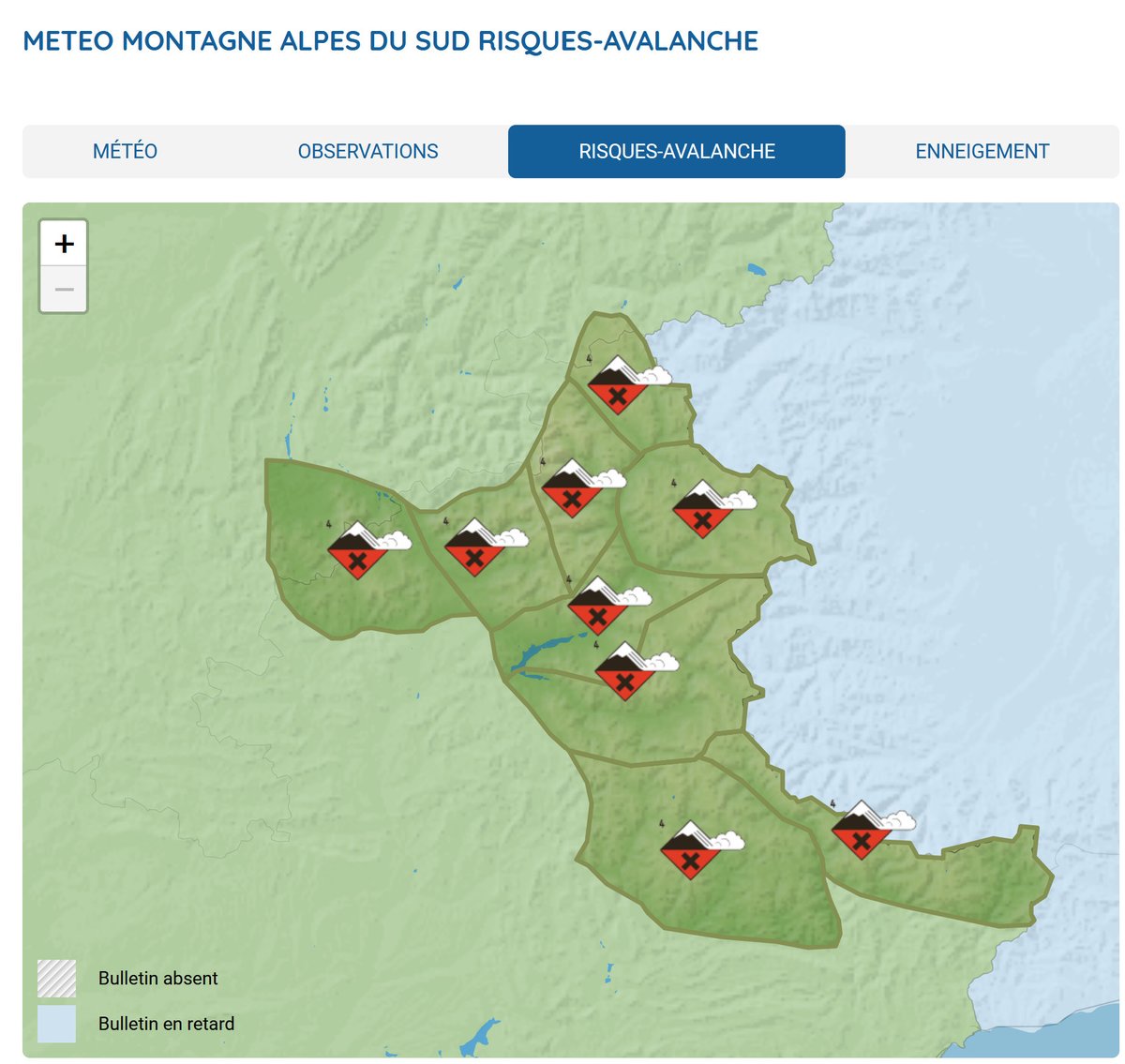 ⚠️Risque d'avalanches fort sur les Alpes du Sud. La chute de neige la nuit de jeudi à vendredi (20 à 30 cm) tombe sur un manteau neigeux instable. Tous les massifs des Alpes du Sud sont en risque fort (4 sur 5). Restez informés  

➡️meteofrance.com/meteo-montagne…