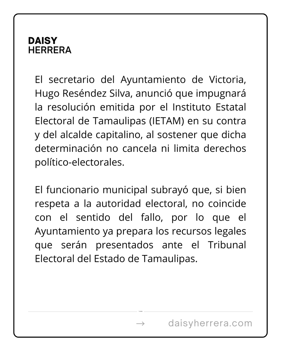 #ElPuntoEs 🔴 Hugo Reséndez afirma que no se afectaron derechos políticos ni hubo violencia de género, señala que el IETAM interpretó de forma incorrecta una notificación oficial

ℹ️Información de Enrique Jonguitud

#Tamaulipas #IETAM #Reynosa #Matamoros #Tampico #NuevoLaredo