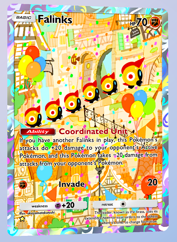 Pulled this colorful Falinks art card today! Falinks is a 1 Star rare fighting card from the Fantastical Parade set in Pokmon TCG Pocket. #Falinks #pokemon #PokemonTCGPocket #fantasticalparade Pulled this colorful Falinks art card today! Falinks is a 1 Star rare fighting card from the Fantastical Parade set in Pokmon TCG Pocket. #Falinks #pokemon #PokemonTCGPocket #fantasticalparade