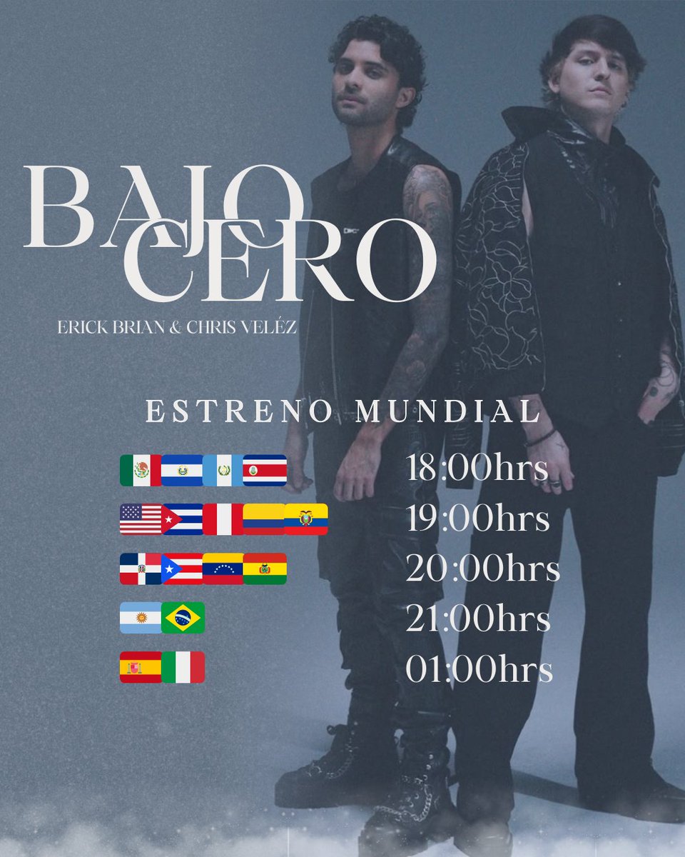 Hoy es día de estrenoooooo!!! ❄🤍

Les dejo aquí los horarios de estreno para que busquen su país! No olviden activar las notis de Youtube para no perderse el estreno 🔔

#BajoCero #ErickBrian #ChristopherVelez